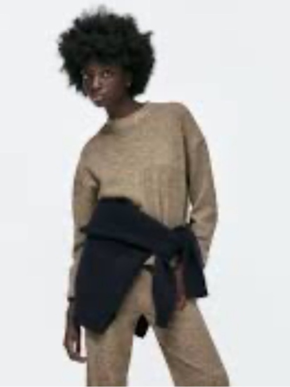 Zara Knit Top Sweater ribbing marled cozy loungewear Dark Camel L